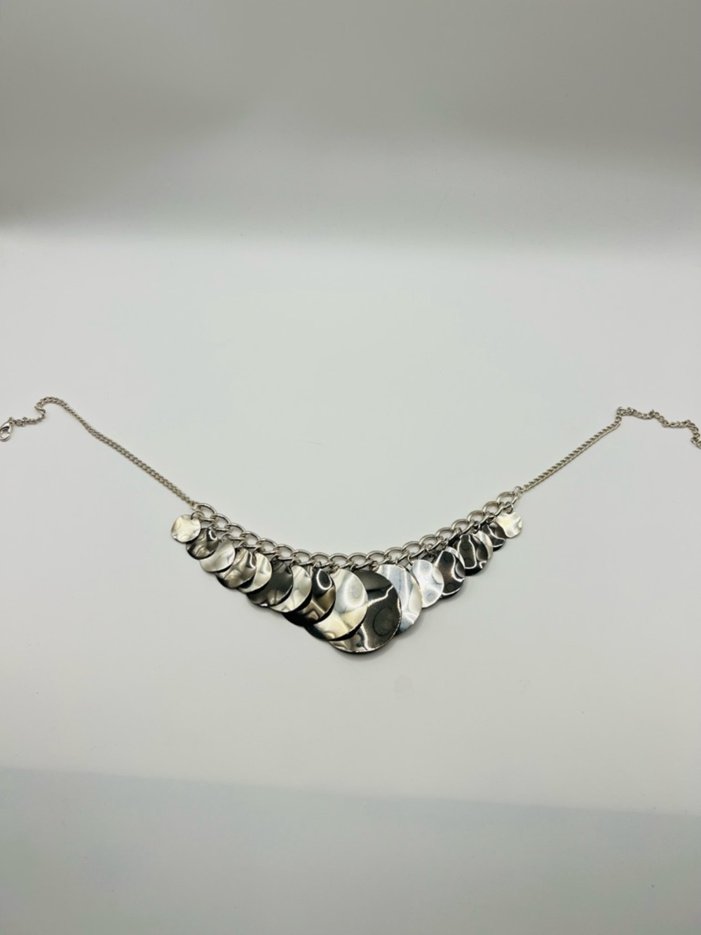 Vintage Silver Tone Disc Fringe Necklace Layered Dangle Bib 90s Statement